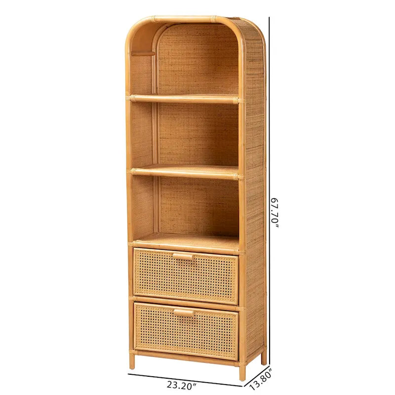 Curacao Modern Bohemian Light Honey Rattan 2-Drawer Bookcase