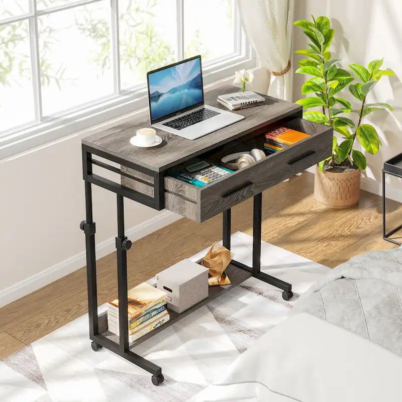 Adjustable Side Table Portable Desk with Drawers and Wheels for Home Office