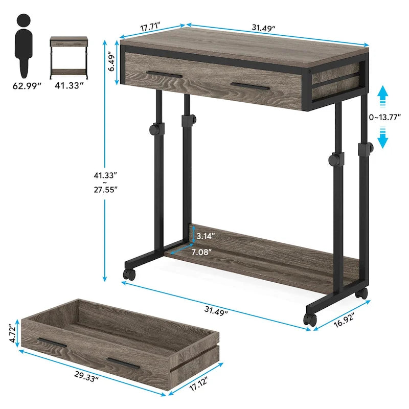 Adjustable Side Table Portable Desk with Drawers and Wheels for Home Office