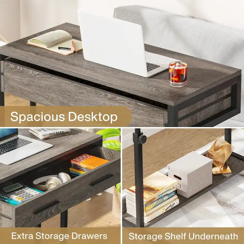 Adjustable Side Table Portable Desk with Drawers and Wheels for Home Office