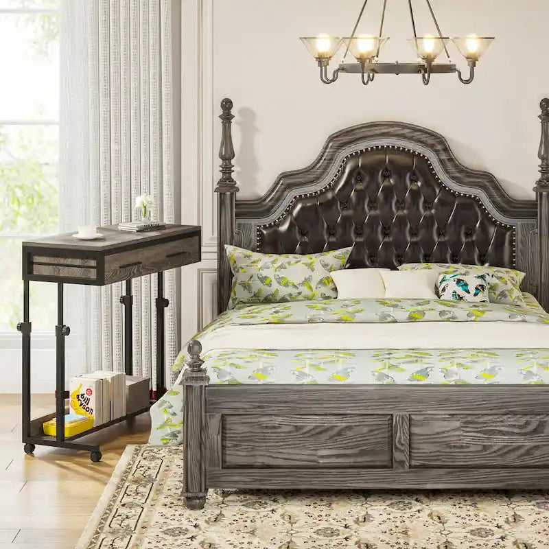 Adjustable Side Table Portable Desk with Drawers and Wheels for Home Office