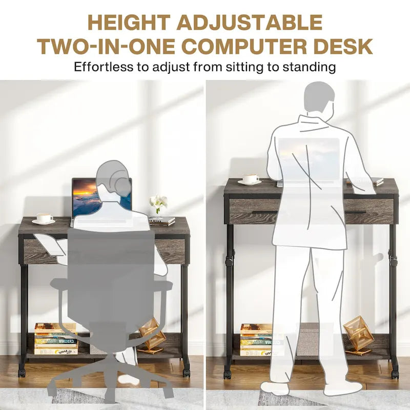 Adjustable Side Table Portable Desk with Drawers and Wheels for Home Office