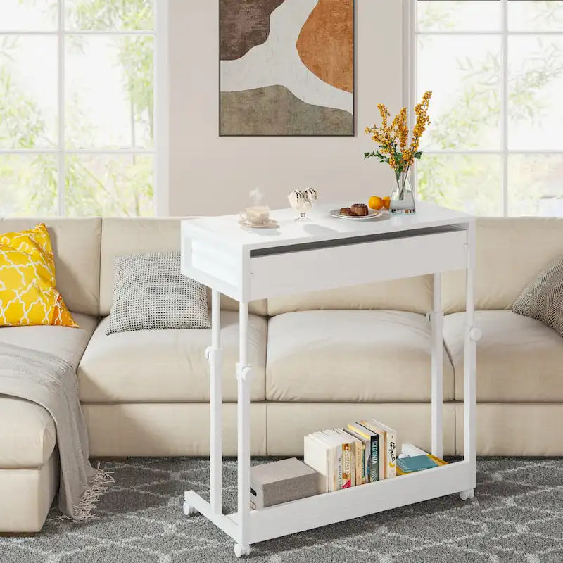 Adjustable Side Table Portable Desk with Drawers and Wheels for Home Office