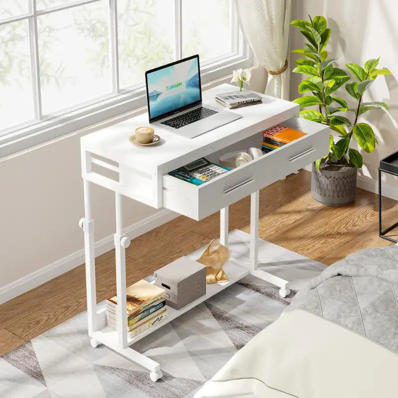 Adjustable Side Table Portable Desk with Drawers and Wheels for Home Office