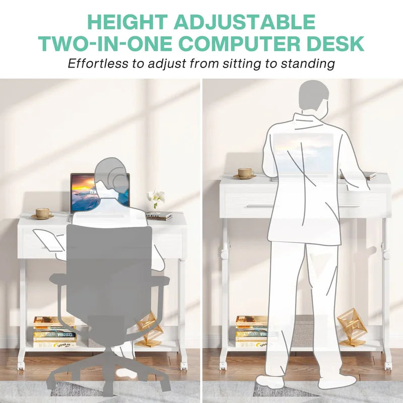 Adjustable Side Table Portable Desk with Drawers and Wheels for Home Office