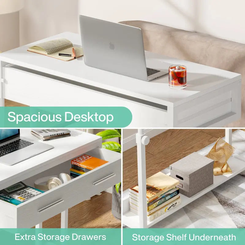 Adjustable Side Table Portable Desk with Drawers and Wheels for Home Office