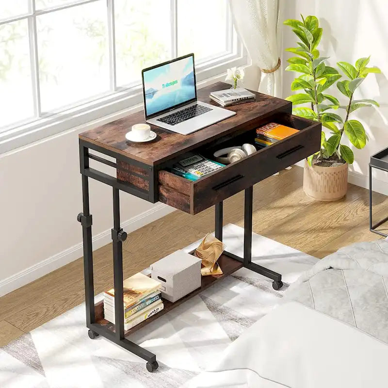 Adjustable Side Table Portable Desk with Drawers and Wheels for Home Office