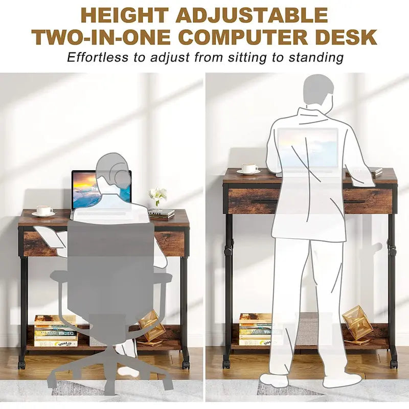 Adjustable Side Table Portable Desk with Drawers and Wheels for Home Office