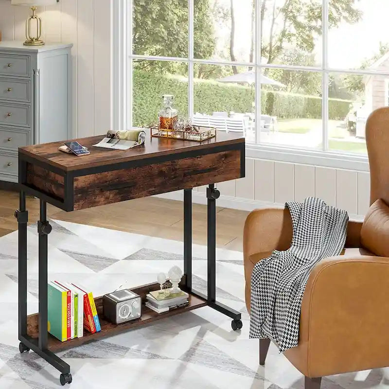 Adjustable Side Table Portable Desk with Drawers and Wheels for Home Office