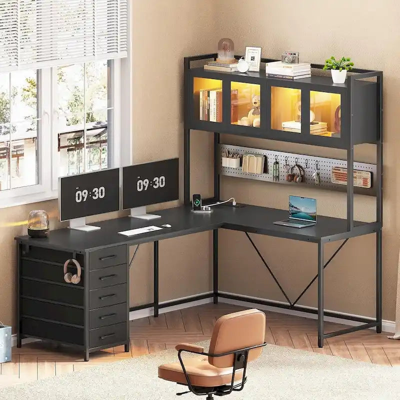 L Shaped Gaming Desk Computer Desk Pegboard 5 Drawers Storage Shelf