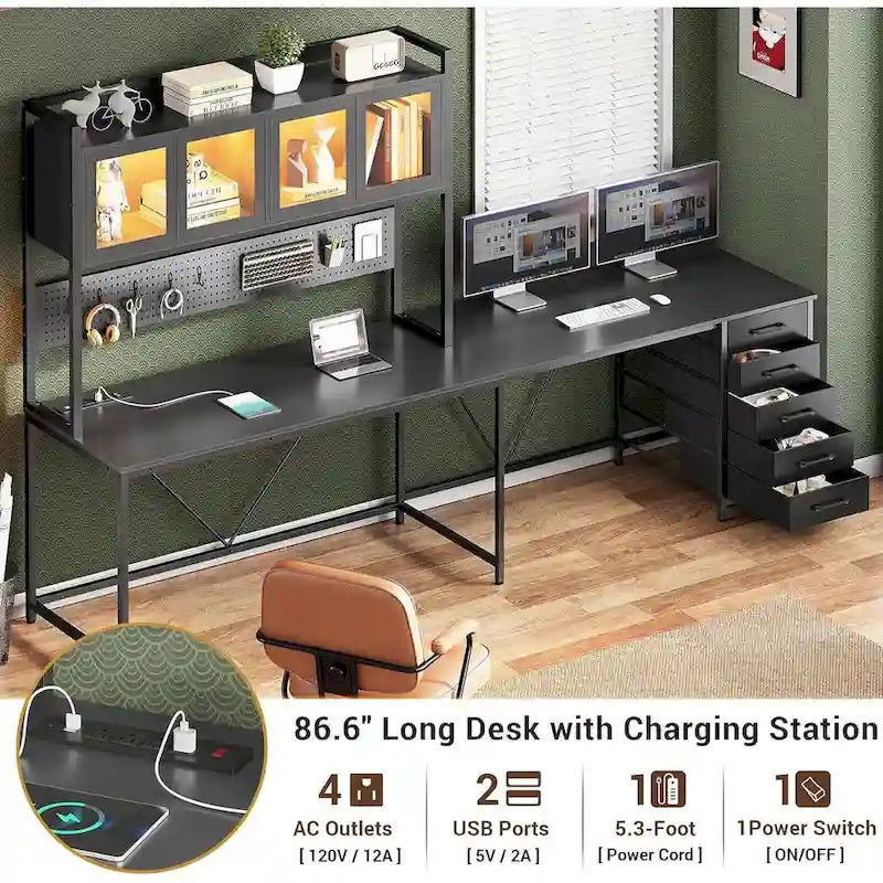 L Shaped Gaming Desk Computer Desk Pegboard 5 Drawers Storage Shelf