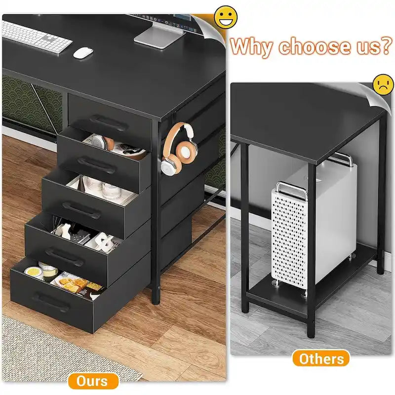 L Shaped Gaming Desk Computer Desk Pegboard 5 Drawers Storage Shelf