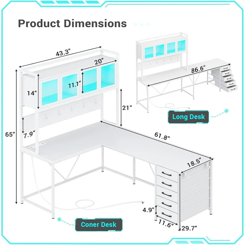 L Shaped Gaming Desk Computer Desk Pegboard 5 Drawers Storage Shelf