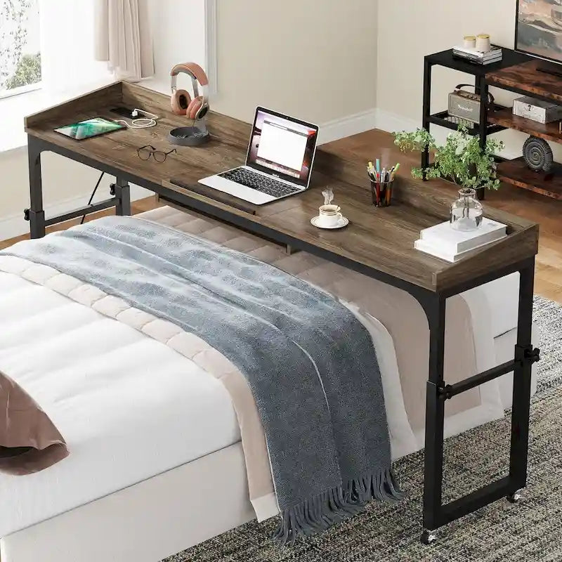 Height Adjustable Overbed Table with Wheels, Mobile Laptop Cart with Outlets & USB Ports