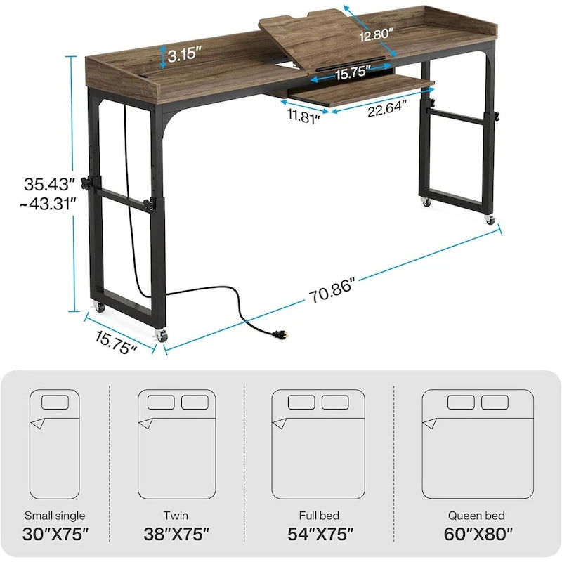 Height Adjustable Overbed Table with Wheels, Mobile Laptop Cart with Outlets & USB Ports
