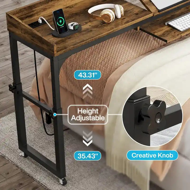 Height Adjustable Overbed Table with Wheels, Mobile Laptop Cart with Outlets & USB Ports
