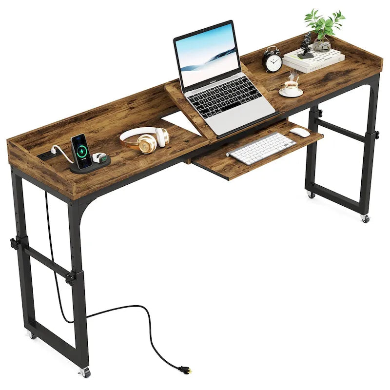Height Adjustable Overbed Table with Wheels, Mobile Laptop Cart with Outlets & USB Ports