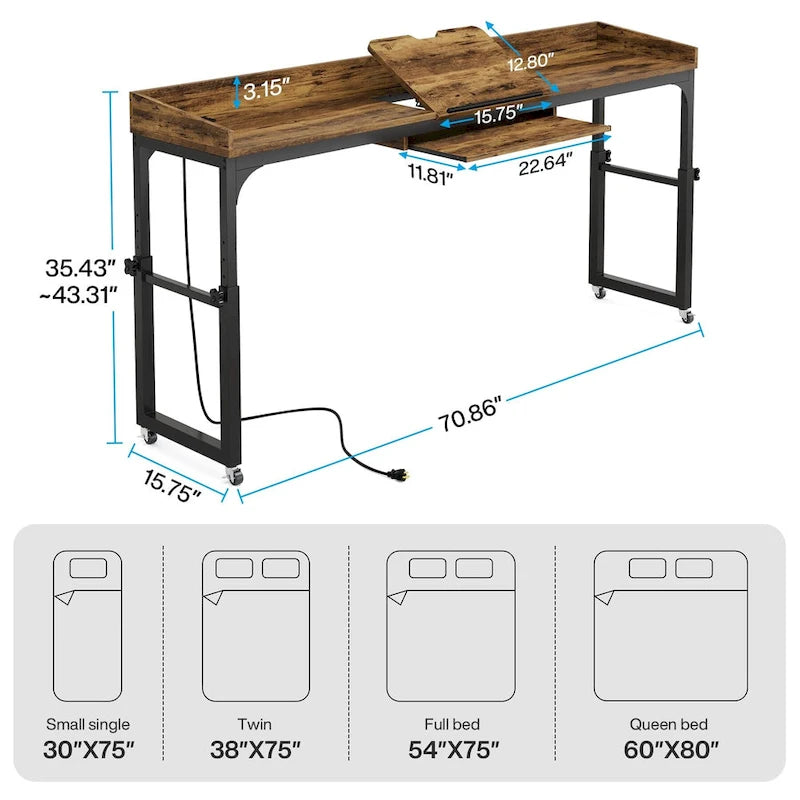 Height Adjustable Overbed Table with Wheels, Mobile Laptop Cart with Outlets & USB Ports