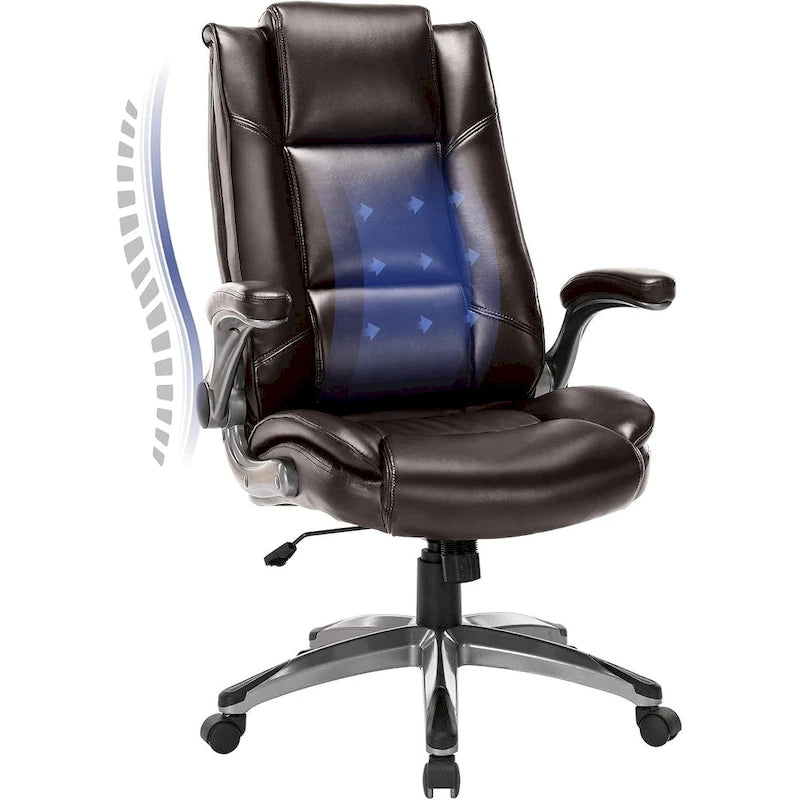 Leather Executive Office Chair- High Back Home Computer Desk Chair with Padded Flip-up Arms, Adjustable Tilt Lock