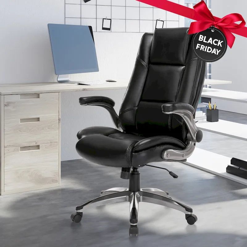 Leather Executive Office Chair- High Back Home Computer Desk Chair with Padded Flip-up Arms, Adjustable Tilt Lock