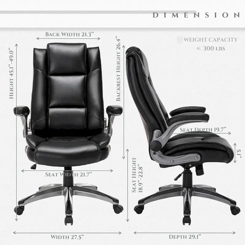 Leather Executive Office Chair- High Back Home Computer Desk Chair with Padded Flip-up Arms, Adjustable Tilt Lock