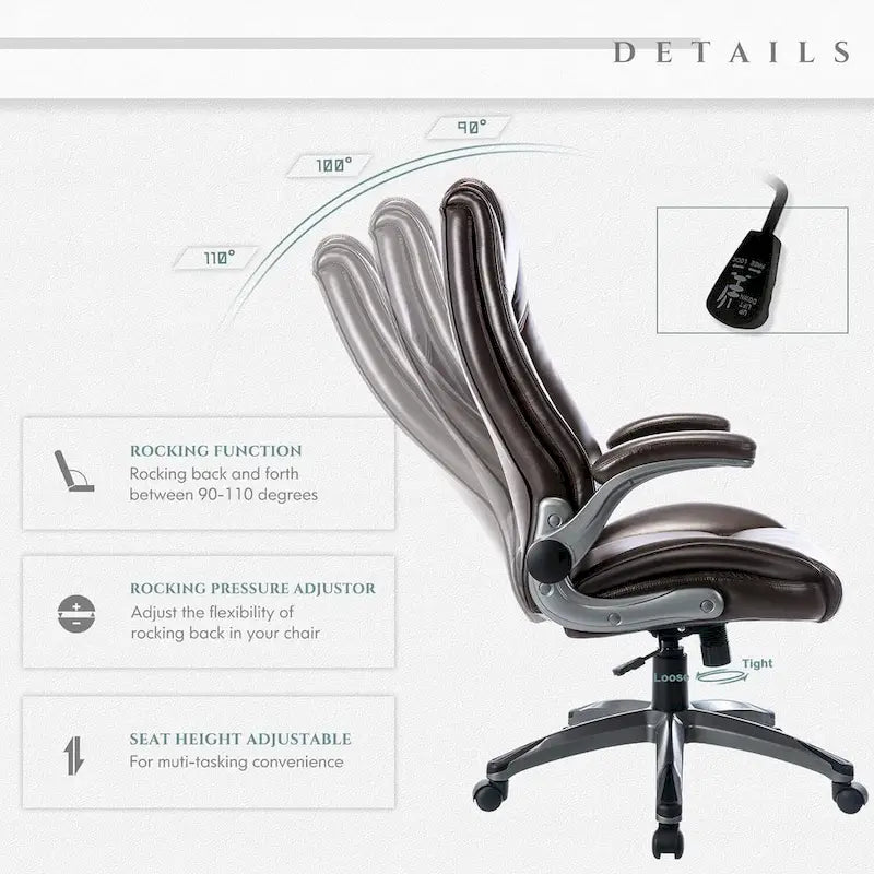 Leather Executive Office Chair- High Back Home Computer Desk Chair with Padded Flip-up Arms, Adjustable Tilt Lock
