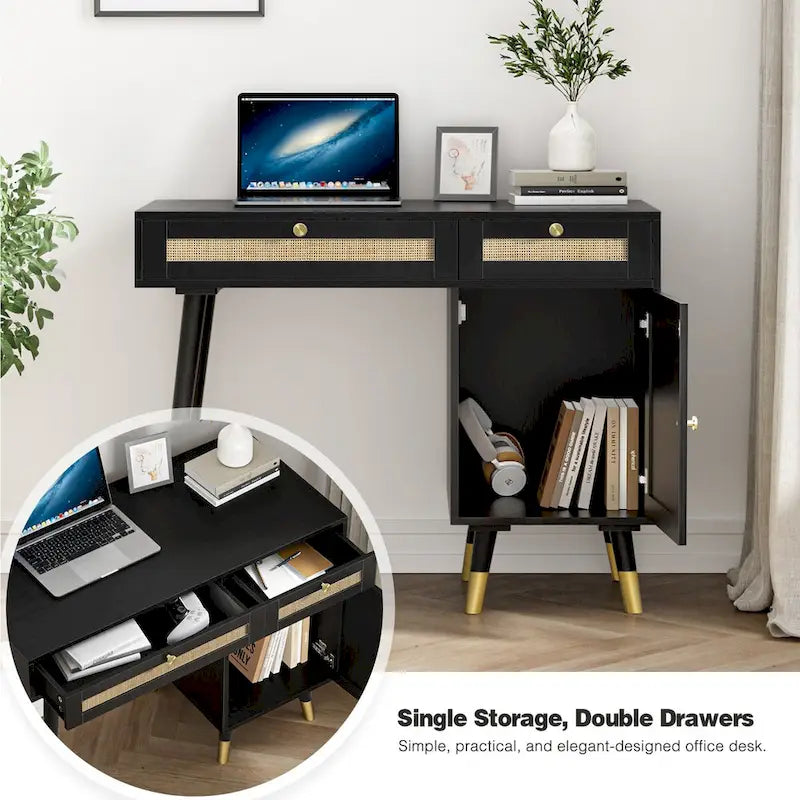 Modern Computer Desk with Drawers Wood Rattan Home Office Desk Writing Desk with File Cabinet