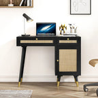 Modern Computer Desk with Drawers Wood Rattan Home Office Desk Writing Desk with File Cabinet