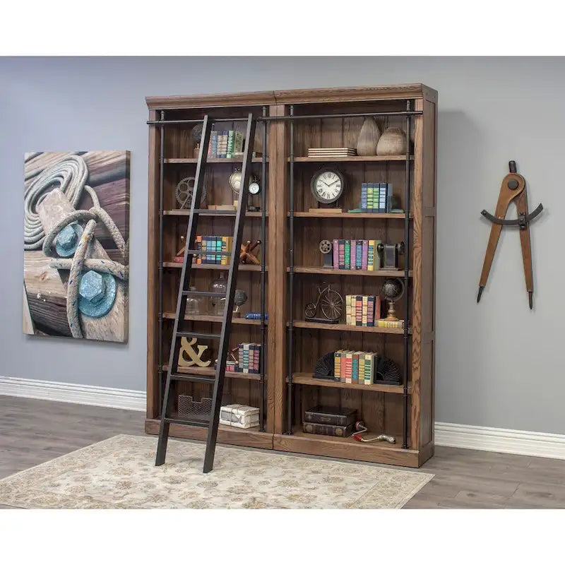 Avondale 8' Tall Bookcase Wall With Ladder, Storage Organizer, Display Shelf for Office, Brown - 80 W x 94 H x 15 D