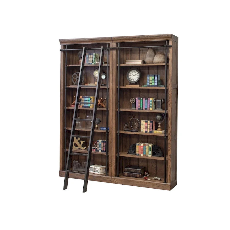 Avondale 8' Tall Bookcase Wall With Ladder, Storage Organizer, Display Shelf for Office, Brown - 80 W x 94 H x 15 D