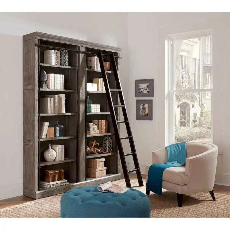 Avondale 8' Tall Bookcase Wall With Ladder, Storage Organizer, Display Shelf for Office, Brown - 80 W x 94 H x 15 D