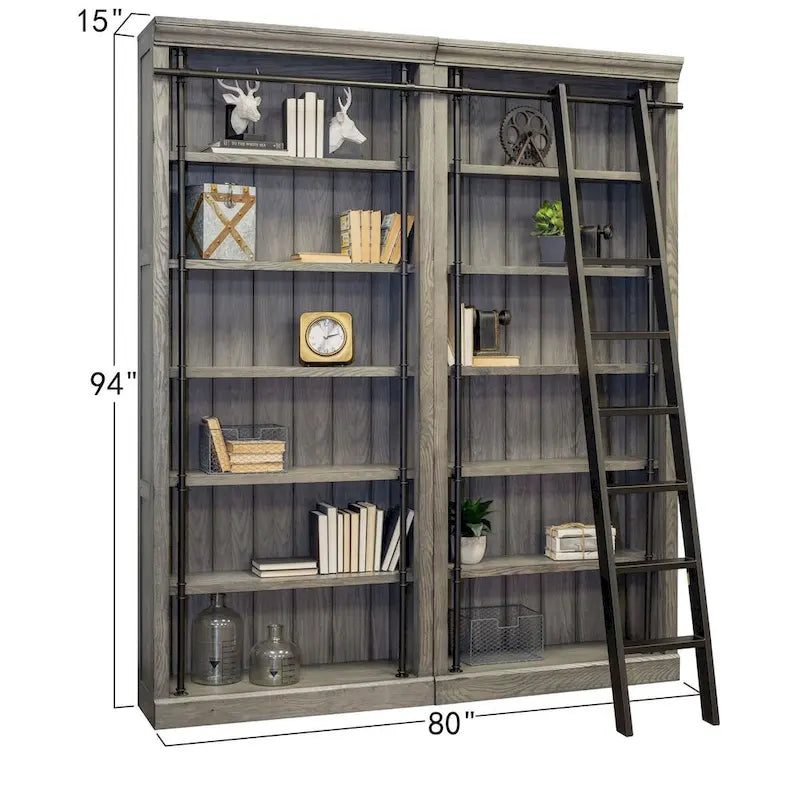 Avondale 8' Tall Bookcase Wall With Ladder, Storage Organizer, Display Shelf for Office, Brown - 80 W x 94 H x 15 D