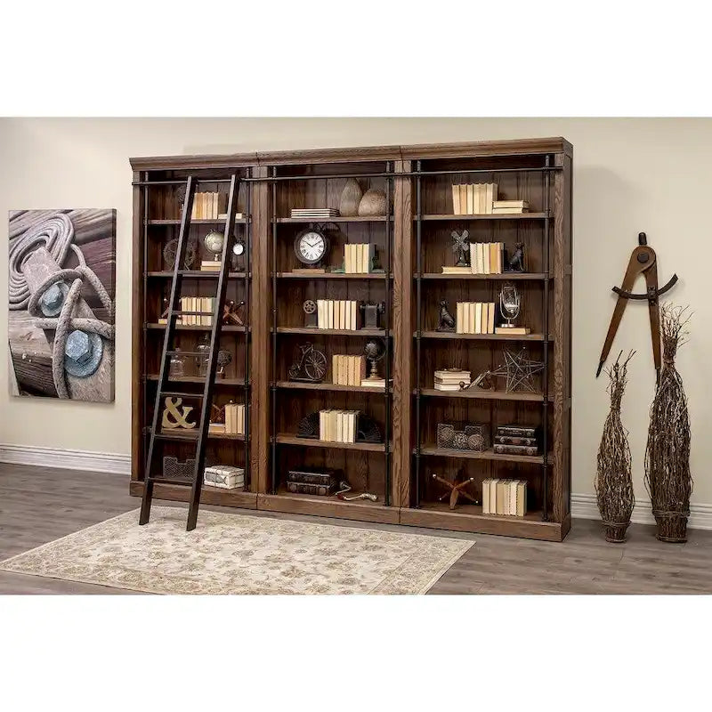 Avondale 8' Tall Bookcase Wall With Ladder, Storage Organizer, Display Shelf for Office, Brown - 120 W x 94 H x 15 D