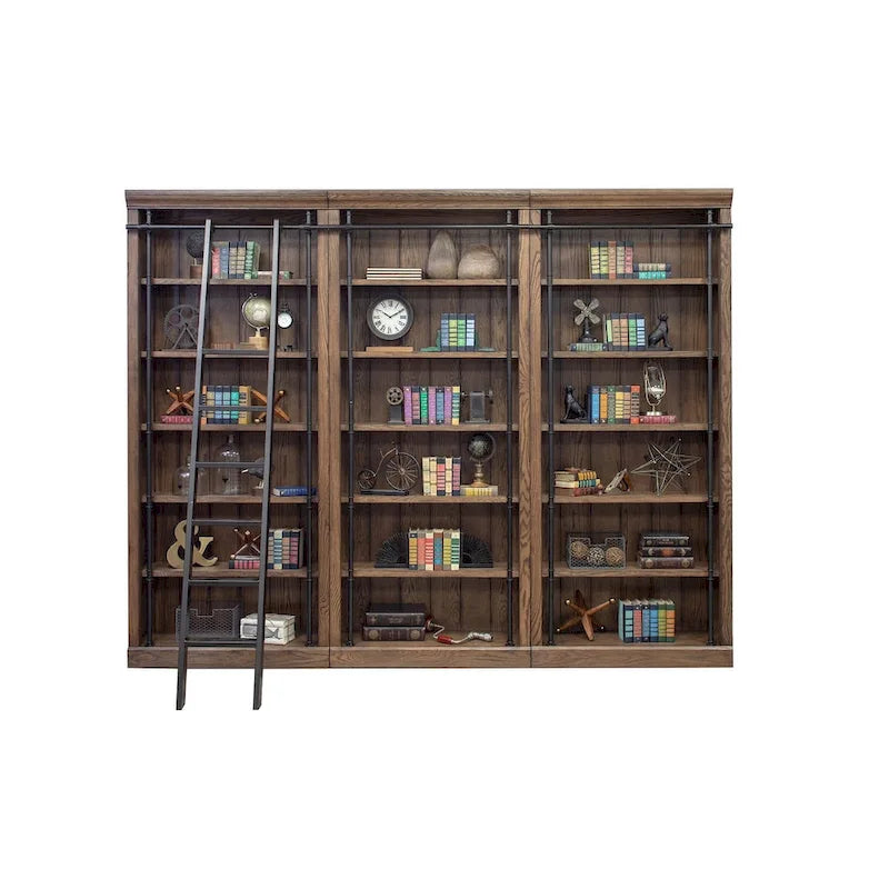 Avondale 8' Tall Bookcase Wall With Ladder, Storage Organizer, Display Shelf for Office, Brown - 120 W x 94 H x 15 D