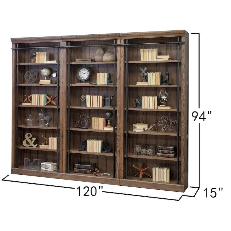 Avondale 8' Tall Bookcase Wall With Ladder, Storage Organizer, Display Shelf for Office, Brown - 120 W x 94 H x 15 D