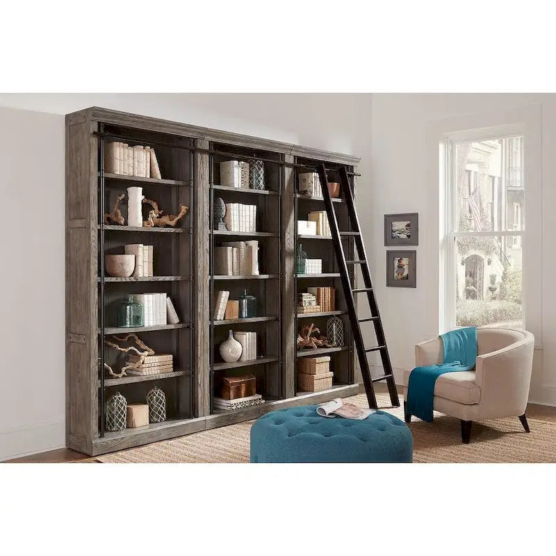 Avondale 8' Tall Bookcase Wall With Ladder, Storage Organizer, Display Shelf for Office, Brown - 120 W x 94 H x 15 D