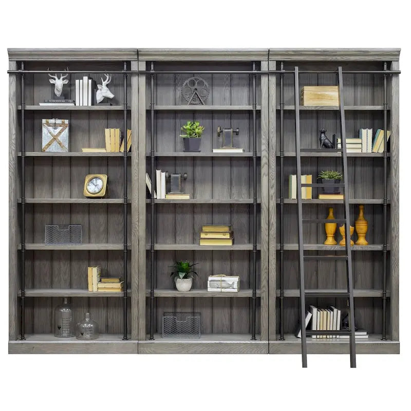 Avondale 8' Tall Bookcase Wall With Ladder, Storage Organizer, Display Shelf for Office, Brown - 120 W x 94 H x 15 D