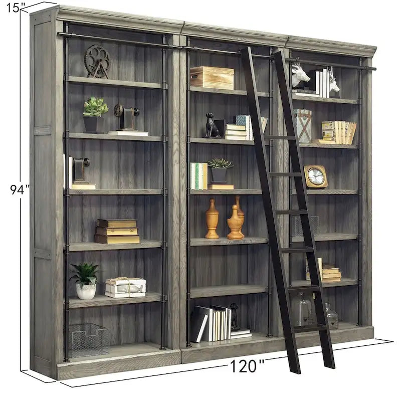 Avondale 8' Tall Bookcase Wall With Ladder, Storage Organizer, Display Shelf for Office, Brown - 120 W x 94 H x 15 D