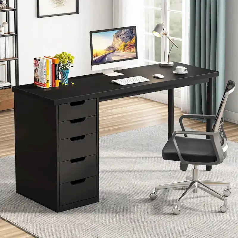 47 inch Computer Wood Desk Office Desks with 5-Drawer, Writing Desk with Metal Frame for Bedroom Study