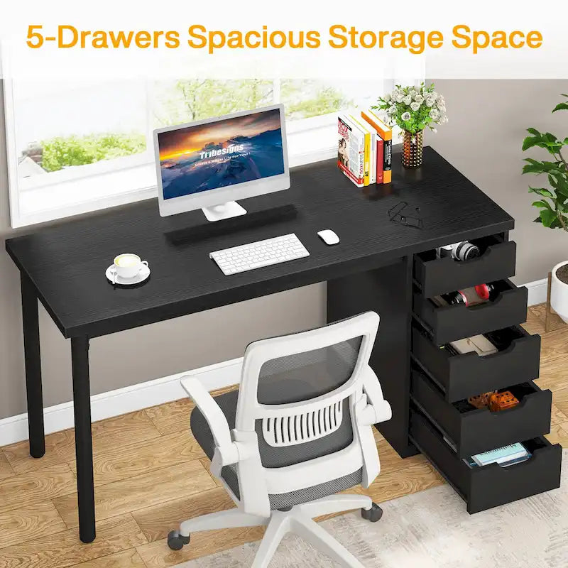 47 inch Computer Wood Desk Office Desks with 5-Drawer, Writing Desk with Metal Frame for Bedroom Study