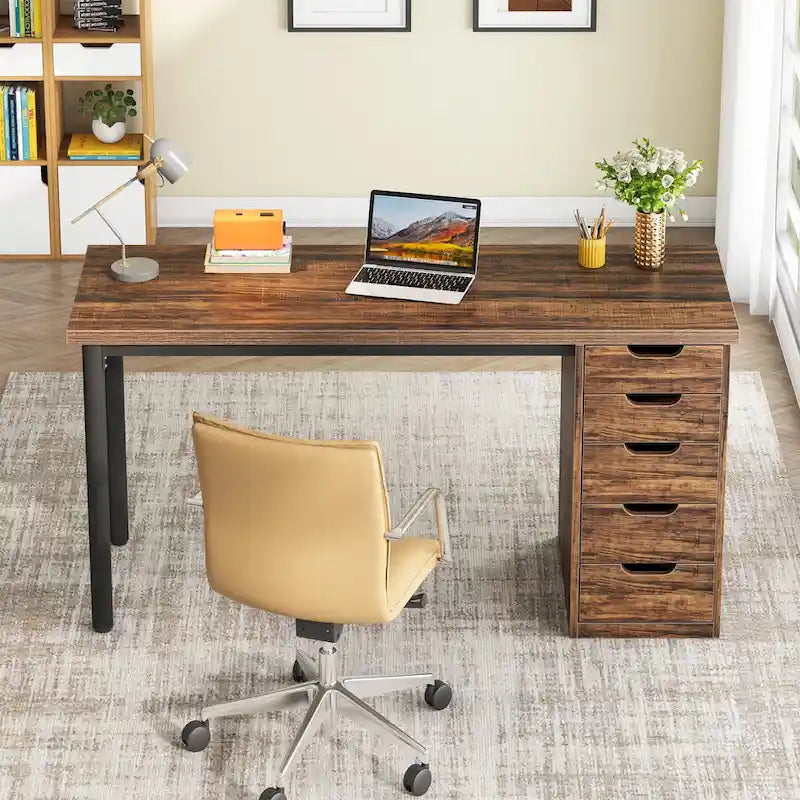 47 inch Computer Wood Desk Office Desks with 5-Drawer, Writing Desk with Metal Frame for Bedroom Study