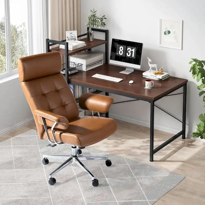 Glitzhome Mid-Century Modern Brown Leatherette Gaslift Adjustable Swivel High Back Office Chair with Armrest