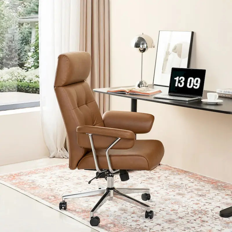 Glitzhome Mid-Century Modern Brown Leatherette Gaslift Adjustable Swivel High Back Office Chair with Armrest