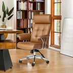 Glitzhome Mid-Century Modern Brown Leatherette Gaslift Adjustable Swivel High Back Office Chair with Armrest