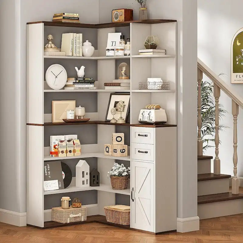 7-Shelf Corner Bookshelf L-Shape Bookcase Large Storage Shelf Display