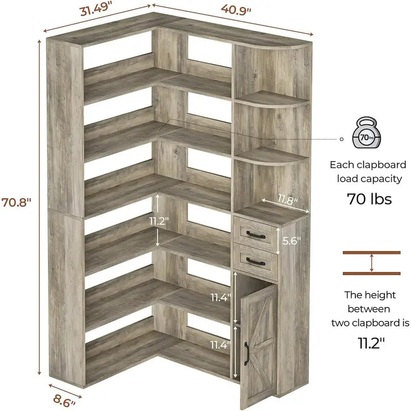 7-Shelf Corner Bookshelf L-Shape Bookcase Large Storage Shelf Display