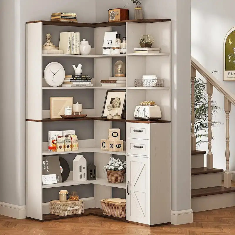 7-Shelf Corner Bookshelf L-Shape Bookcase Large Storage Shelf Display