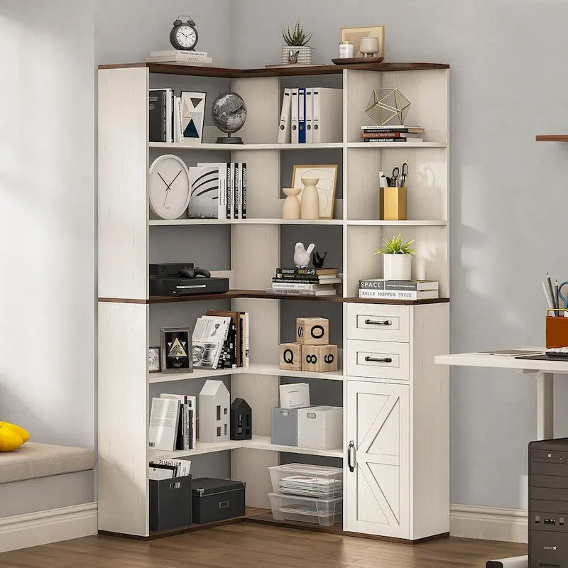 7-Shelf Corner Bookshelf L-Shape Bookcase Large Storage Shelf Display