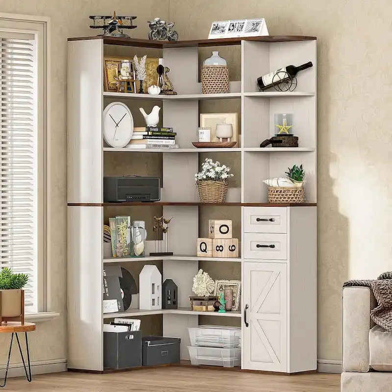 7-Shelf Corner Bookshelf L-Shape Bookcase Large Storage Shelf Display