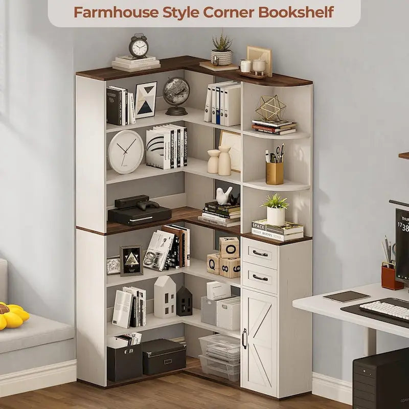 7-Shelf Corner Bookshelf L-Shape Bookcase Large Storage Shelf Display